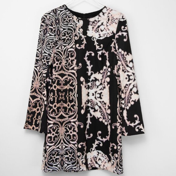 Nanette Lepore Sheath Dress Scrollwork Pixel Mini Long Sleeve Pink Black Size 8 - Picture 2 of 7